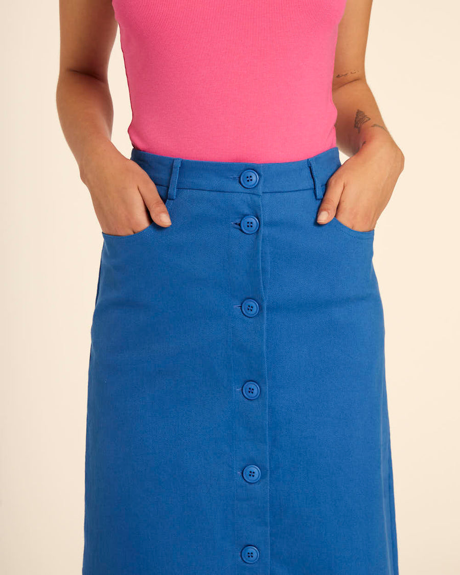 FALDA BOTONES MIDI AZUL