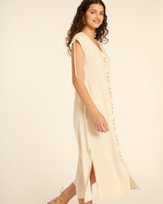 VESTIDO MIDI CON FRUNCIDO CREMA