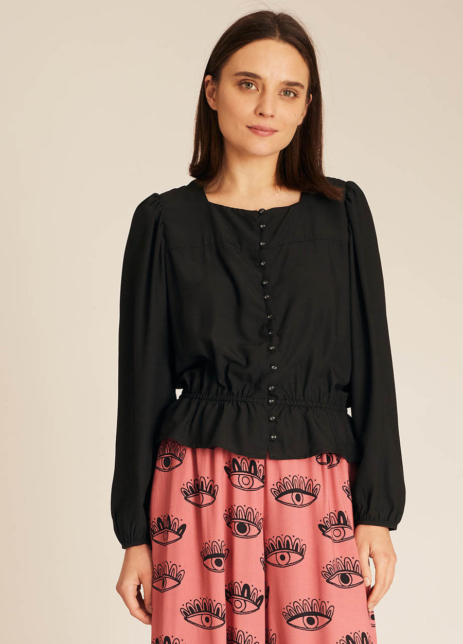 FRILL SILKY SHIRT BLACK