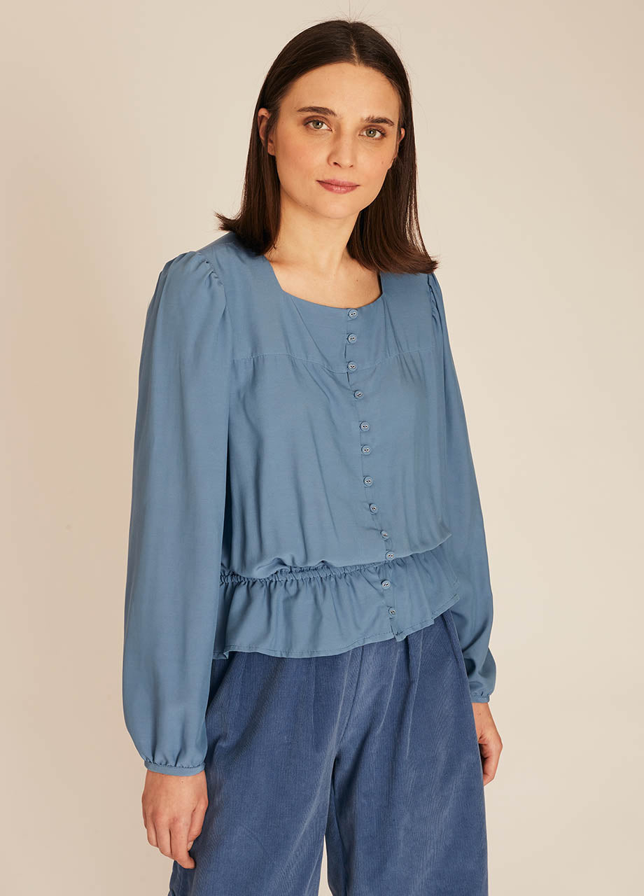 CAMICIA SETA CON VOLANT BLU