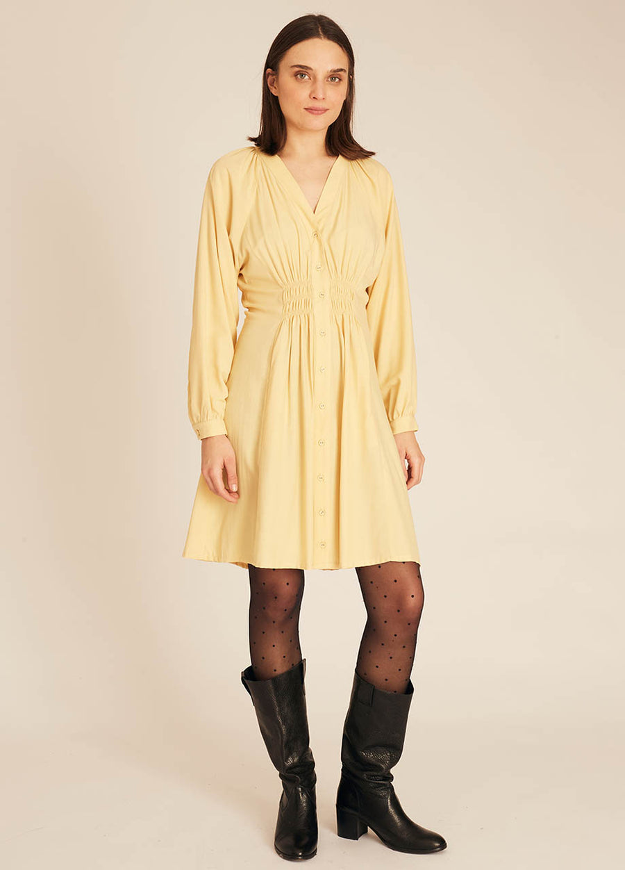 PUCKER SILKY DRESS YELLOW