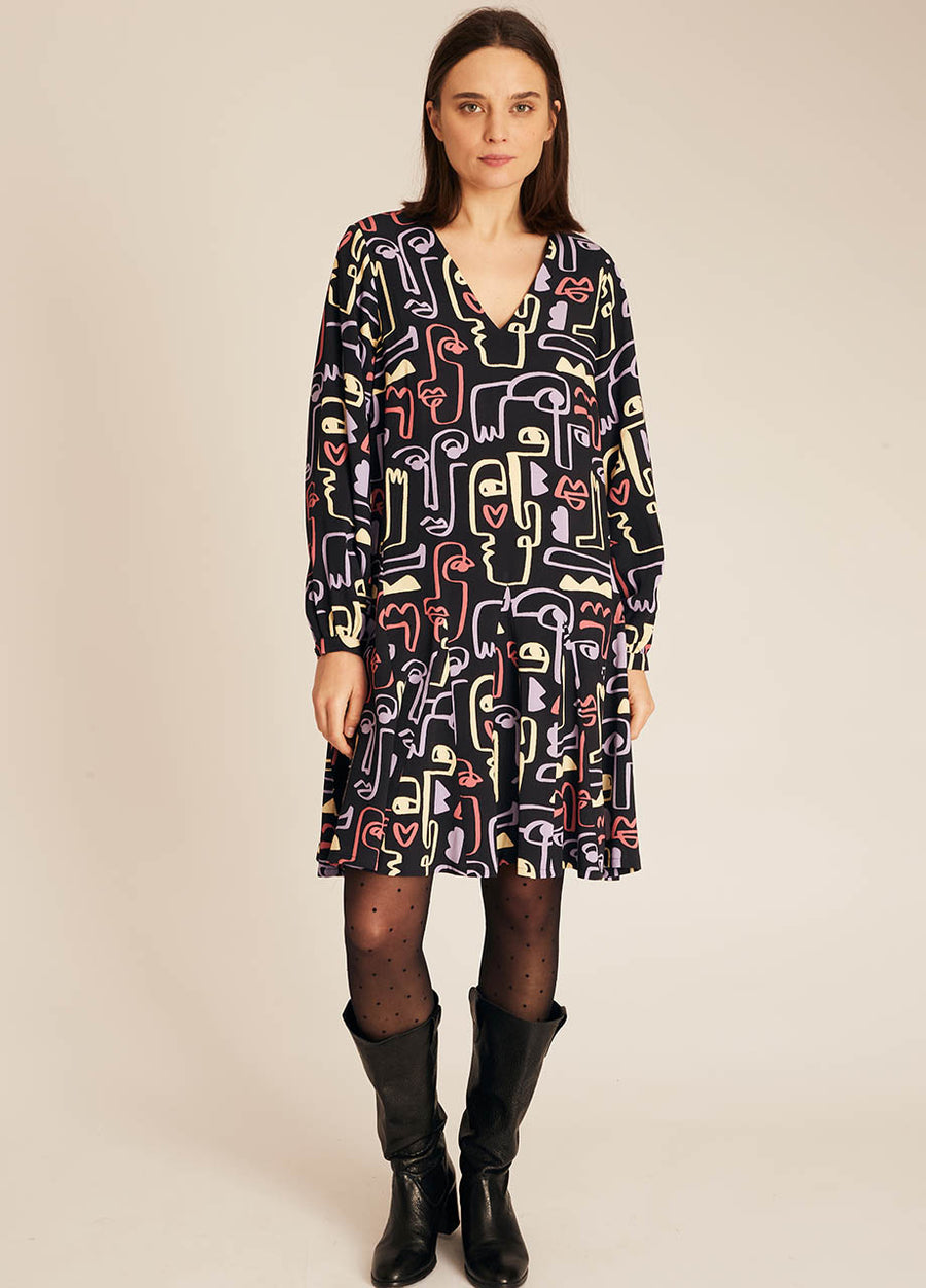 FACES PRINT WIDE DRESS