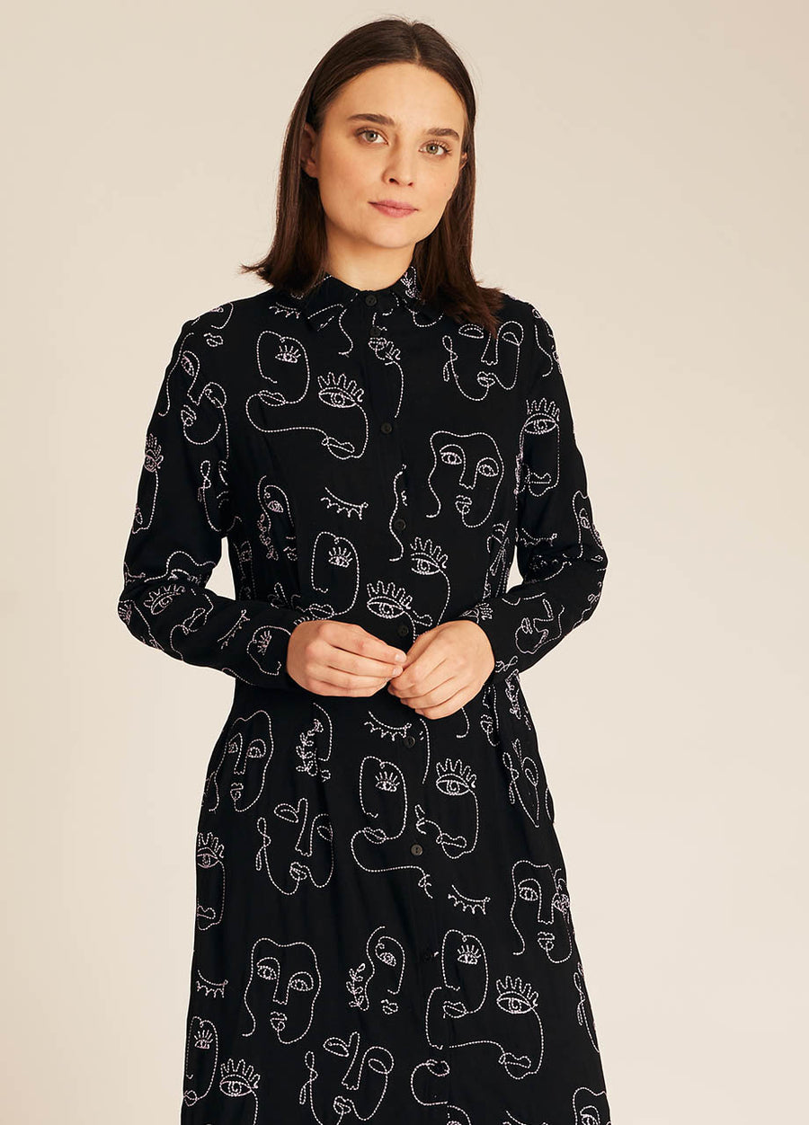 FACES EMBROIDERY MIDI DRESS