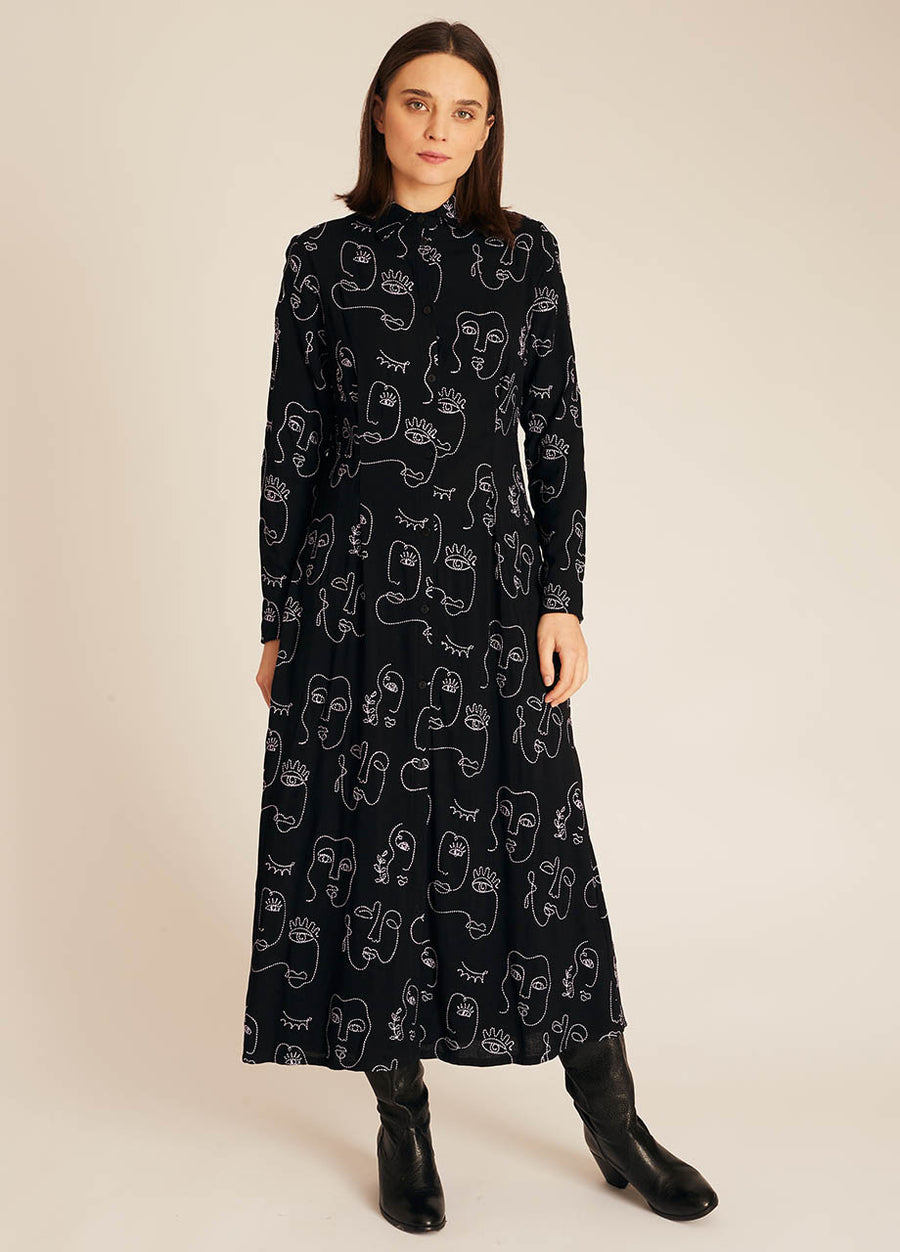 FACES EMBROIDERY MIDI DRESS