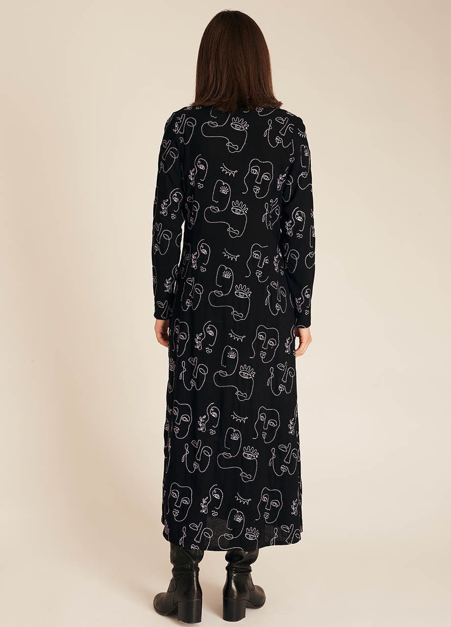 FACES EMBROIDERY MIDI DRESS