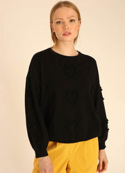 SWEATER POMPOM HEARTS BLACK