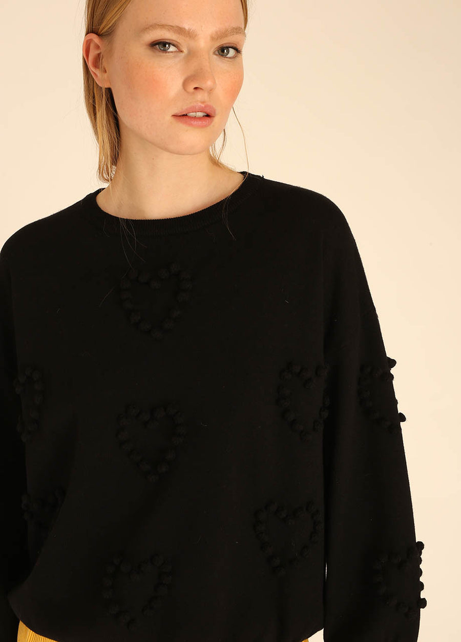 MAGLIONE POMPON CUORI NERO