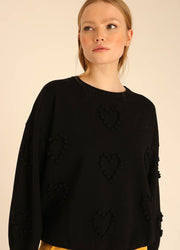 SWEATER POMPOM HEARTS BLACK