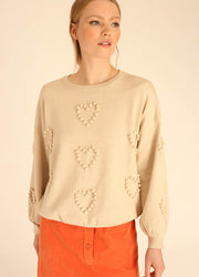 SWEATER POMPOM HEARTS BEIGE