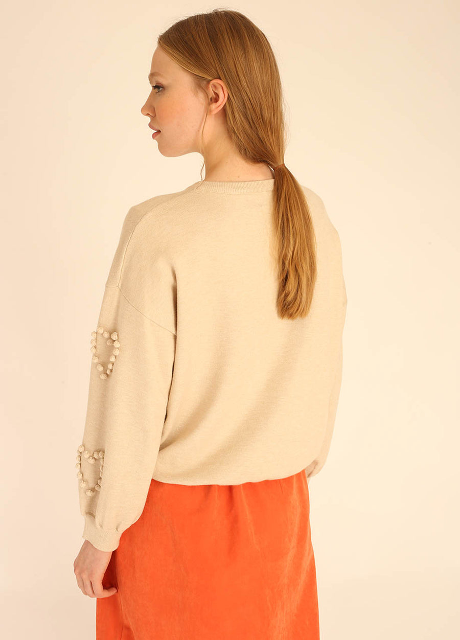 SWEATER POMPOM HEARTS BEIGE