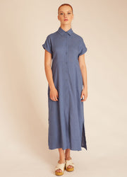 LINEN BUTTONED DRESS BLUE