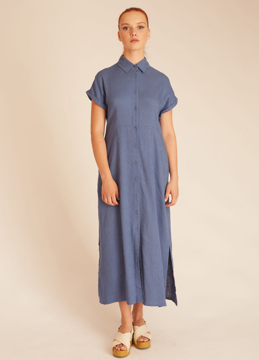 LINEN BUTTONED DRESS BLUE