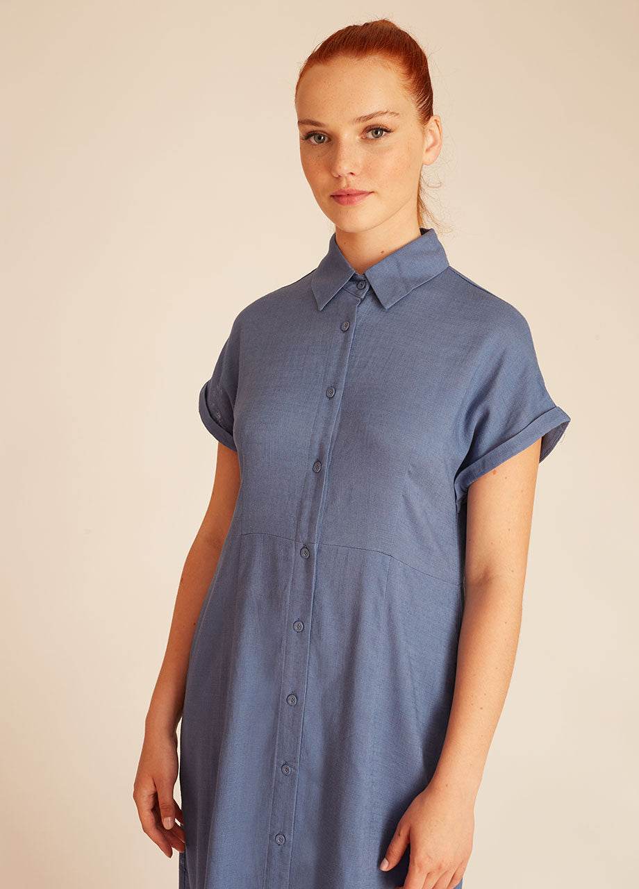 LINEN BUTTONED DRESS BLUE