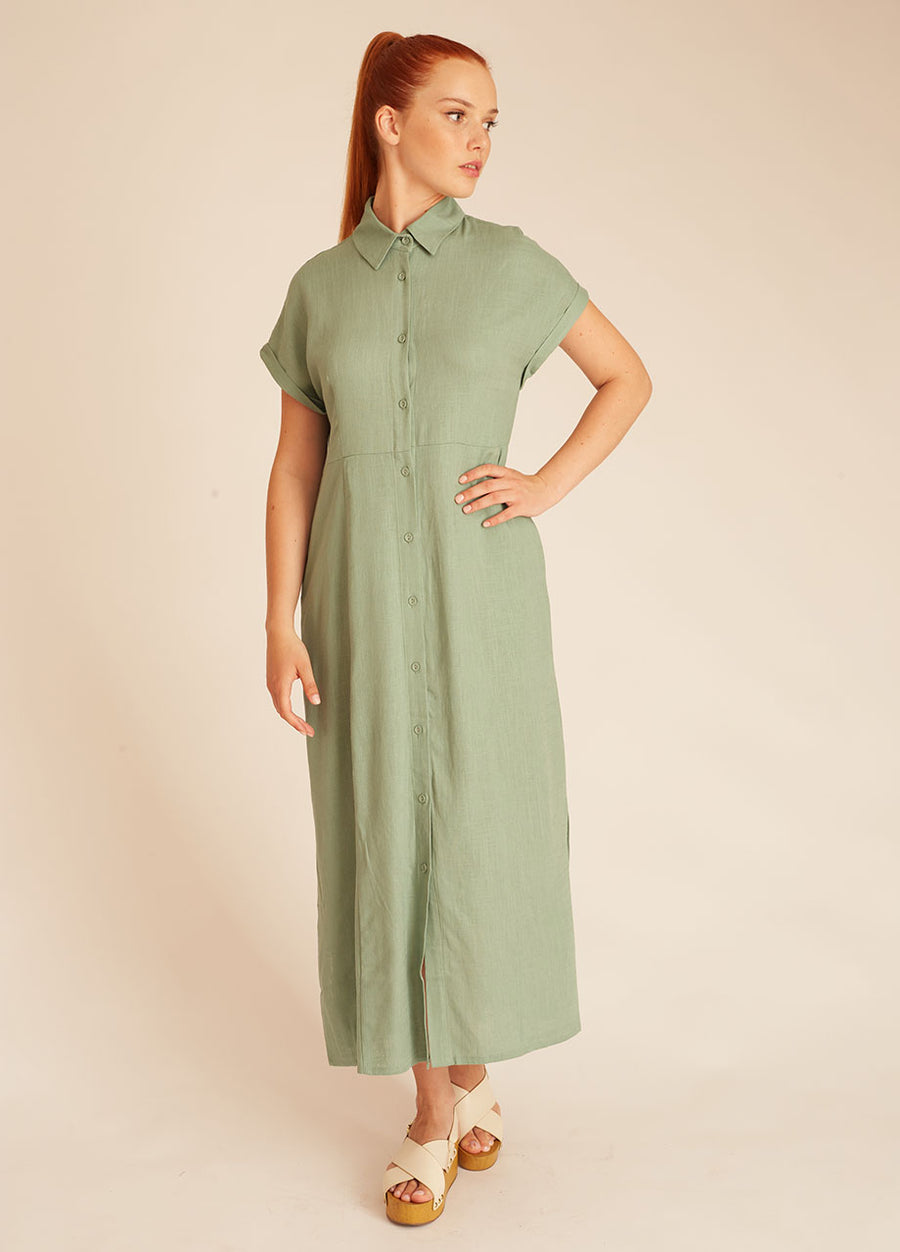 LINEN BUTTONED DRESS GREEN