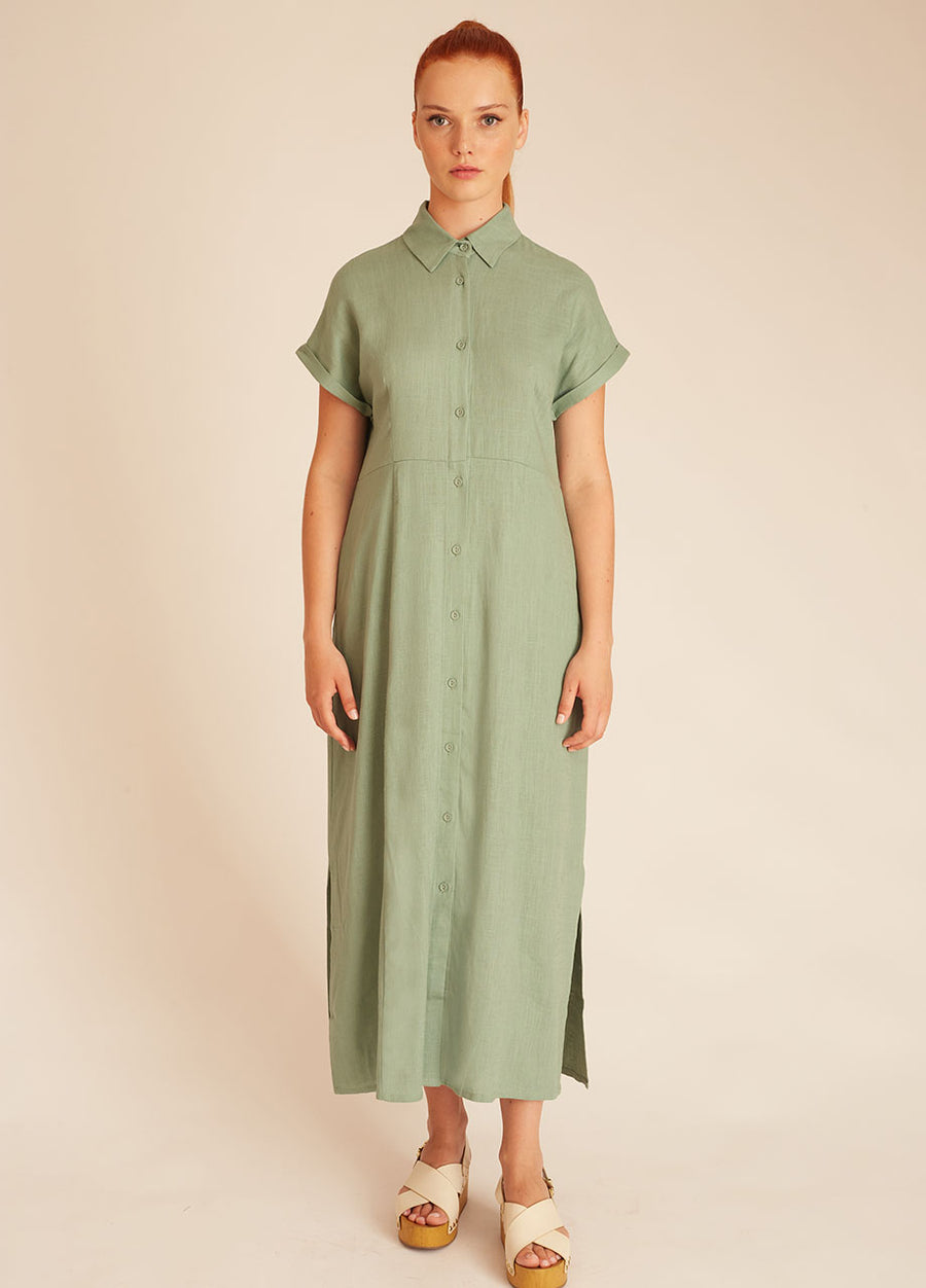 LINEN BUTTONED DRESS GREEN