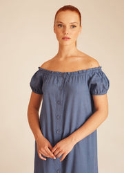 LINEN BARDOT DRESS BLUE