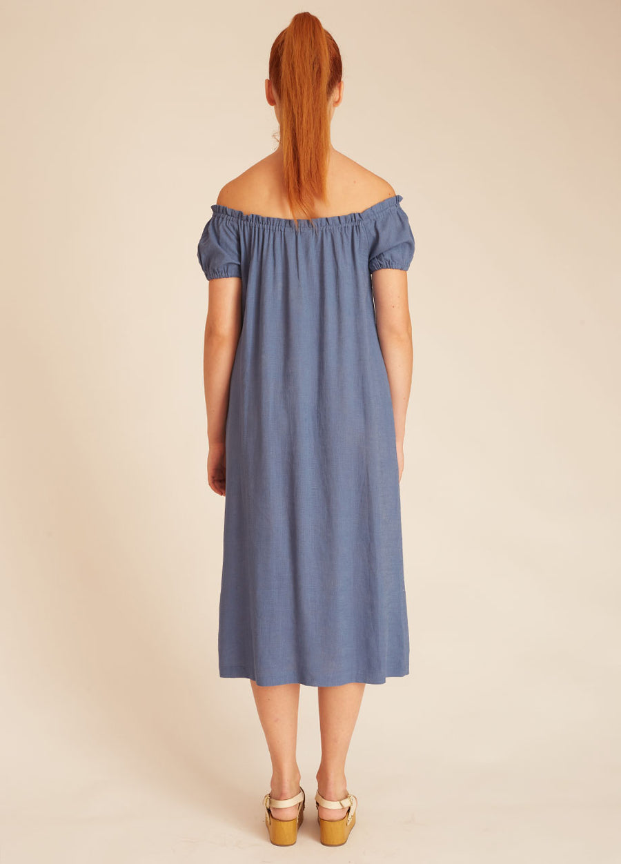 LINEN BARDOT DRESS BLUE