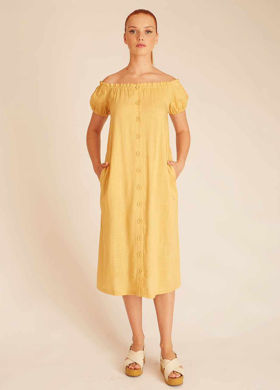 LINEN BARDOT DRESS YELLOW