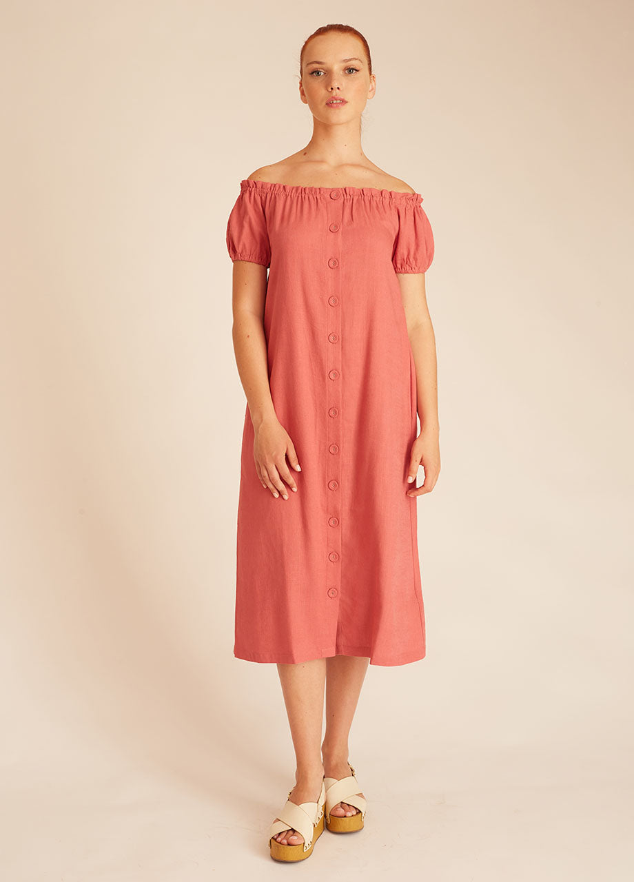 LINEN BARDOT DRESS PINK