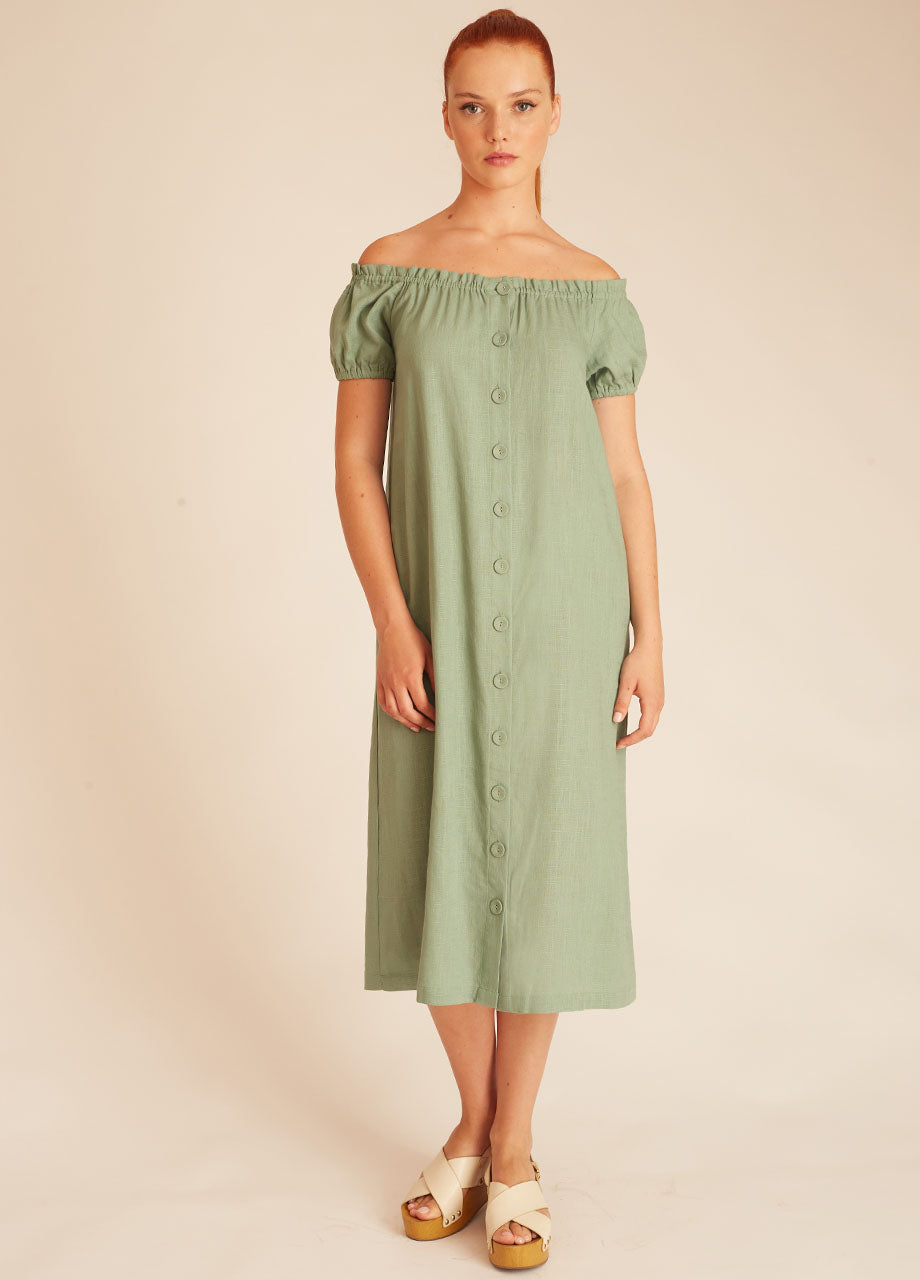 LINEN BARDOT DRESS GREEN