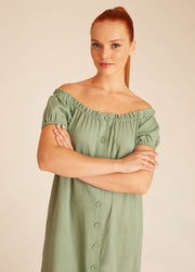 LINEN BARDOT DRESS GREEN