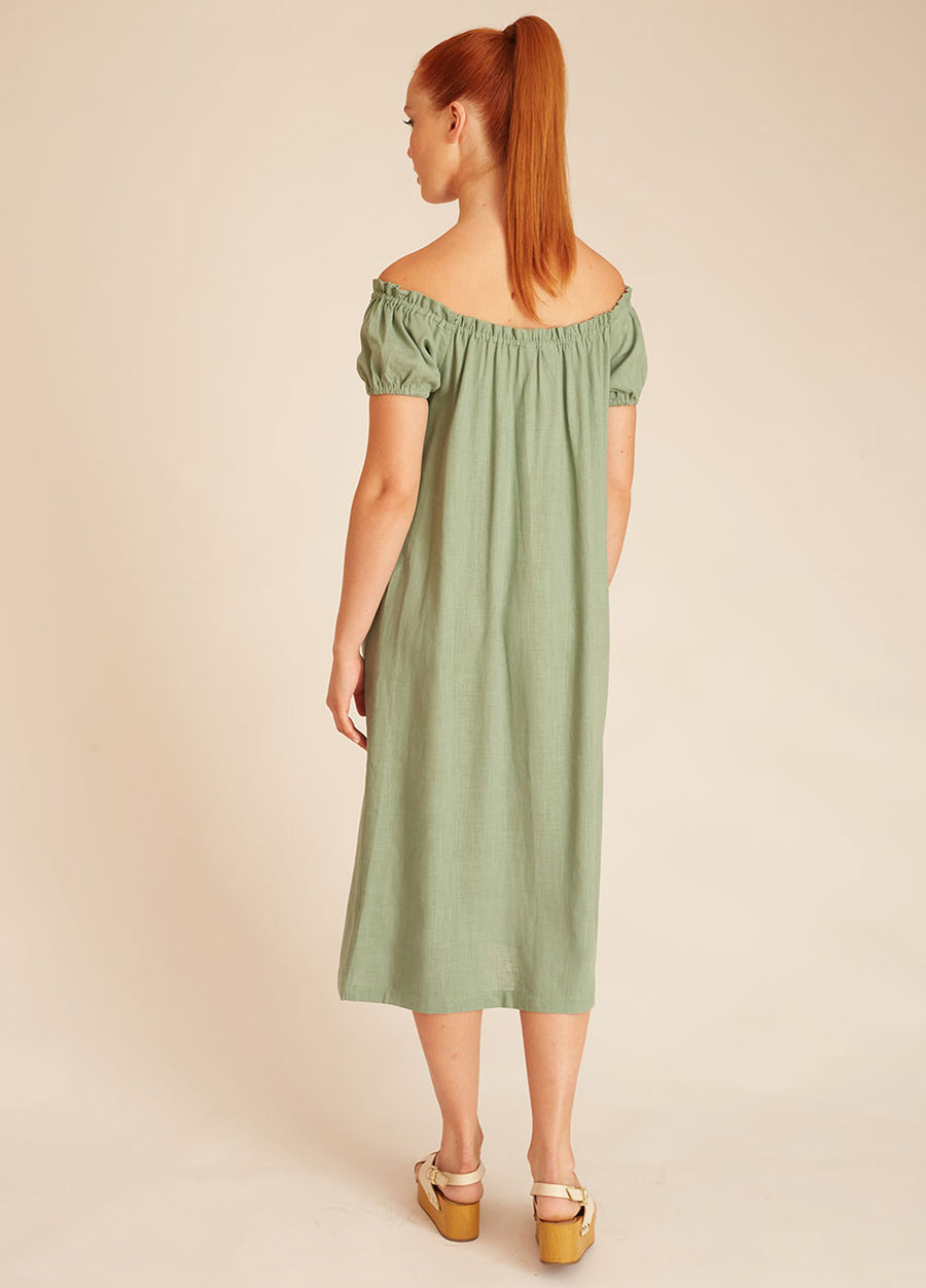 LINEN BARDOT DRESS GREEN