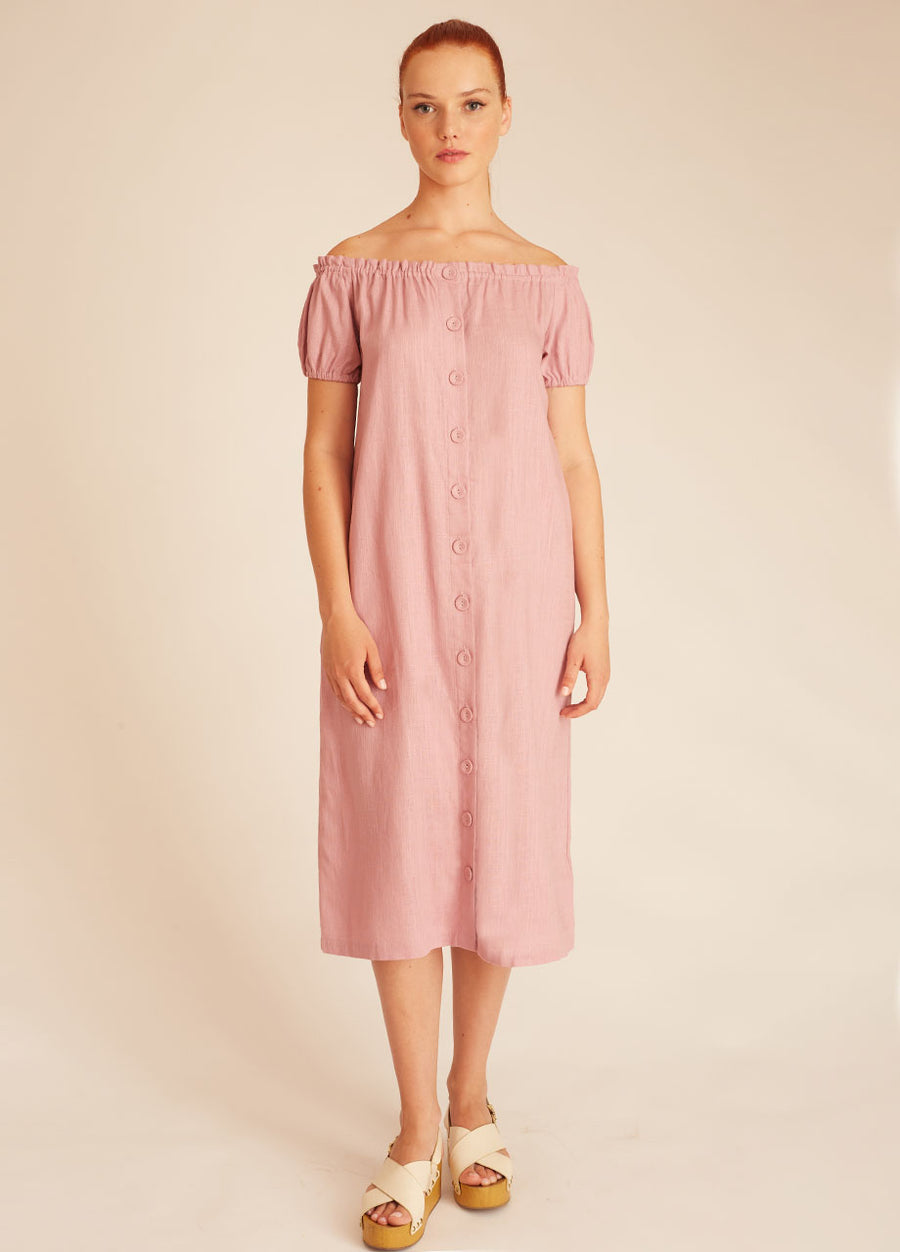 LINEN BARDOT DRESS LILAC