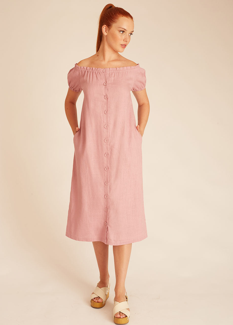 LINEN BARDOT DRESS LILAC