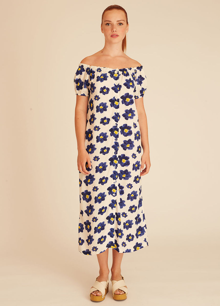 BLUE FLOWERS BARDOT DRESS